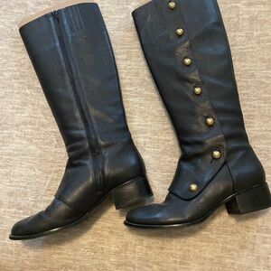 Michael Kors Black Leather Heeled Boots with Gold Accents